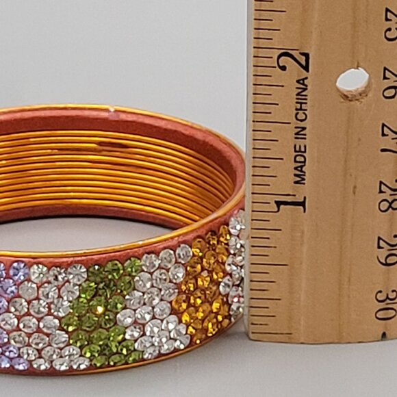 Encrusted Rhinestone Bangle Bracelet Copper Colored Metal Multicolored - Picture 10 of 10